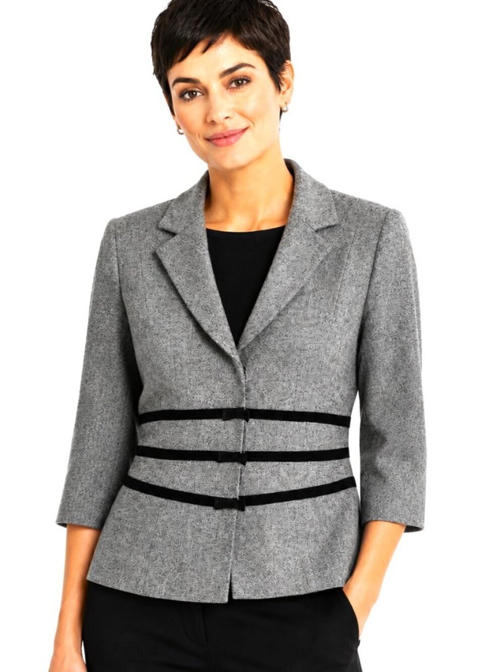 Nanette Lepore Grey Black Grosgrain Bow Trim Wool Blazer